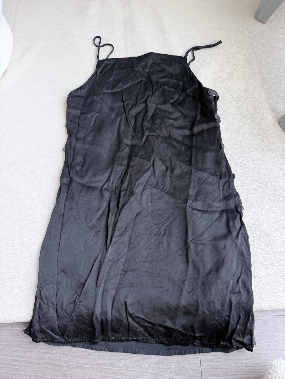 Black Satin Slip Dress with Side Button Detail